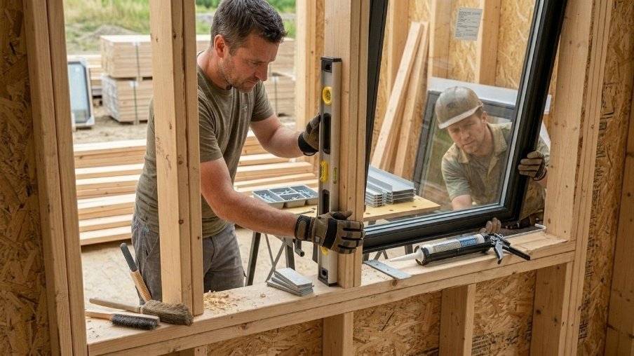 Dry fitting a new construction window to check size, alignment, and proper fit before securing.
