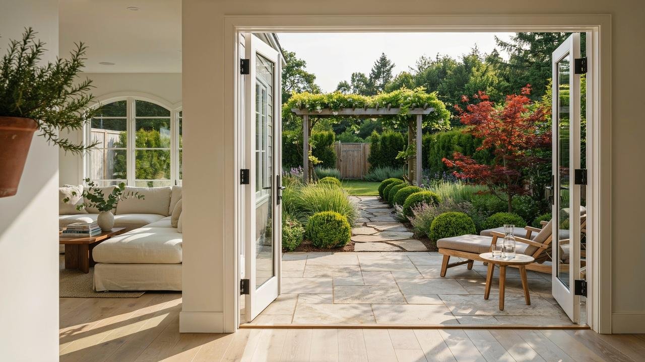 French doors opening wide to a backyard patio and garden.