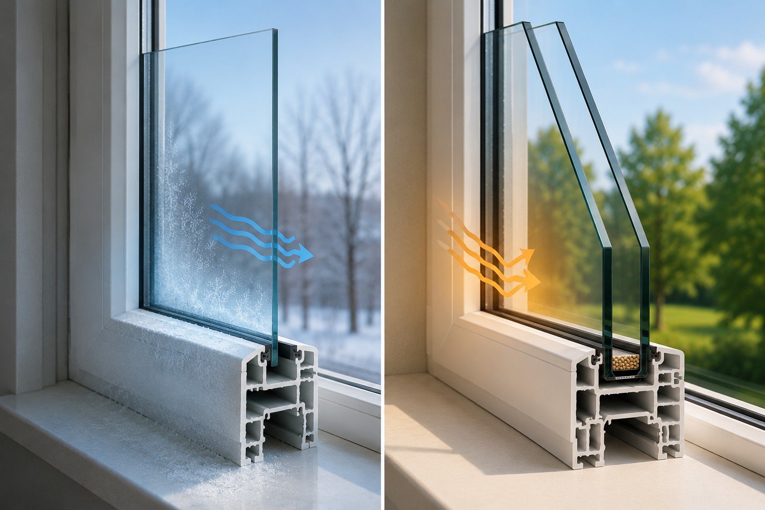 Side-by-side view comparing single-pane and double-pane windows in a home interior.
