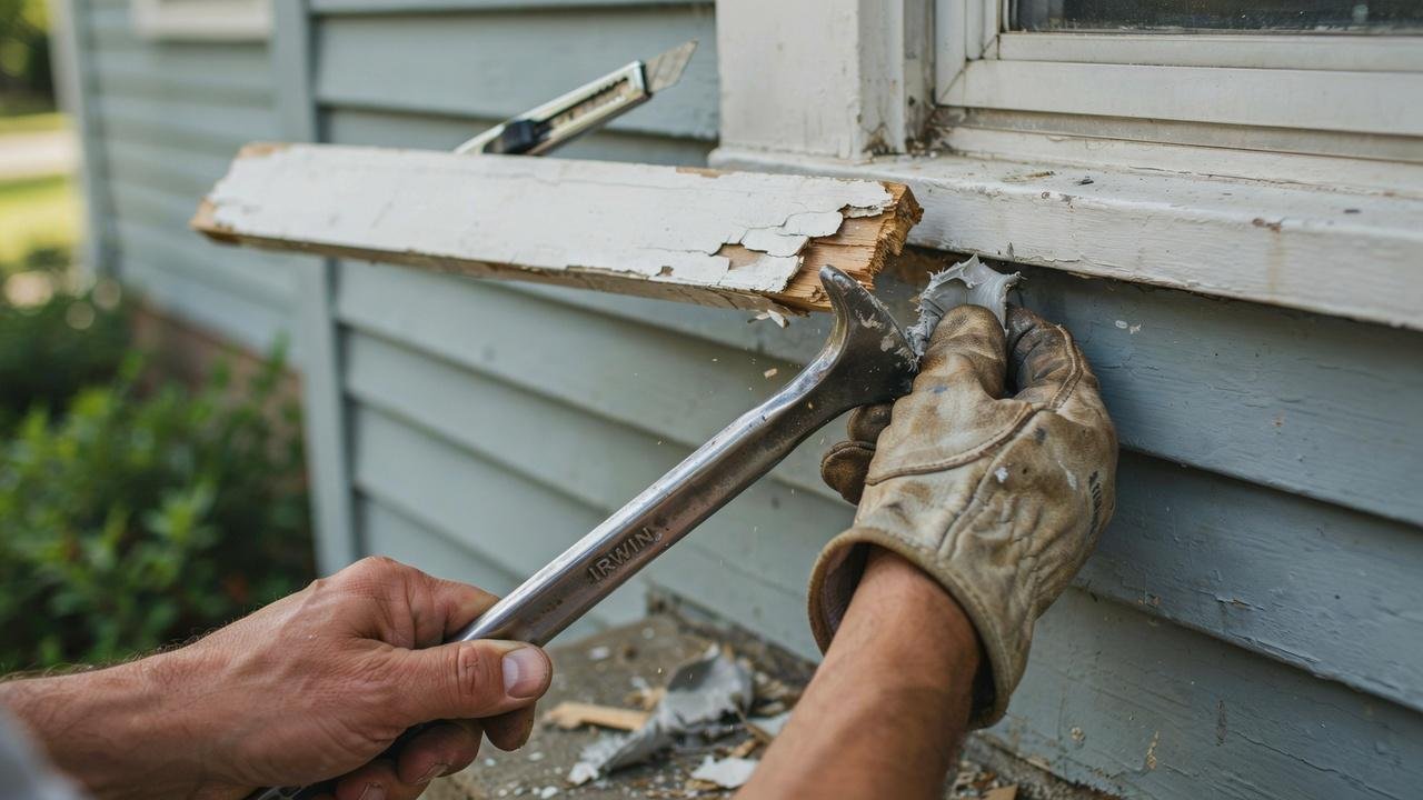 Removing old caulk and damaged window trim before capping.