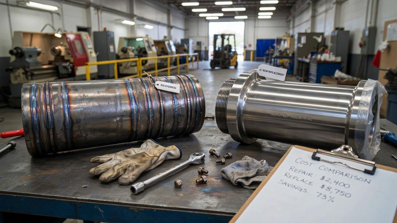 Refurbished industrial component with weld overlay cladding next to an expensive replacement part.