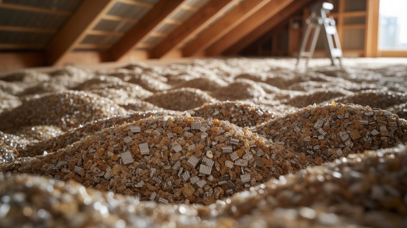 Vermiculite insulation with shiny accordion-shaped particles commonly found in older attics.