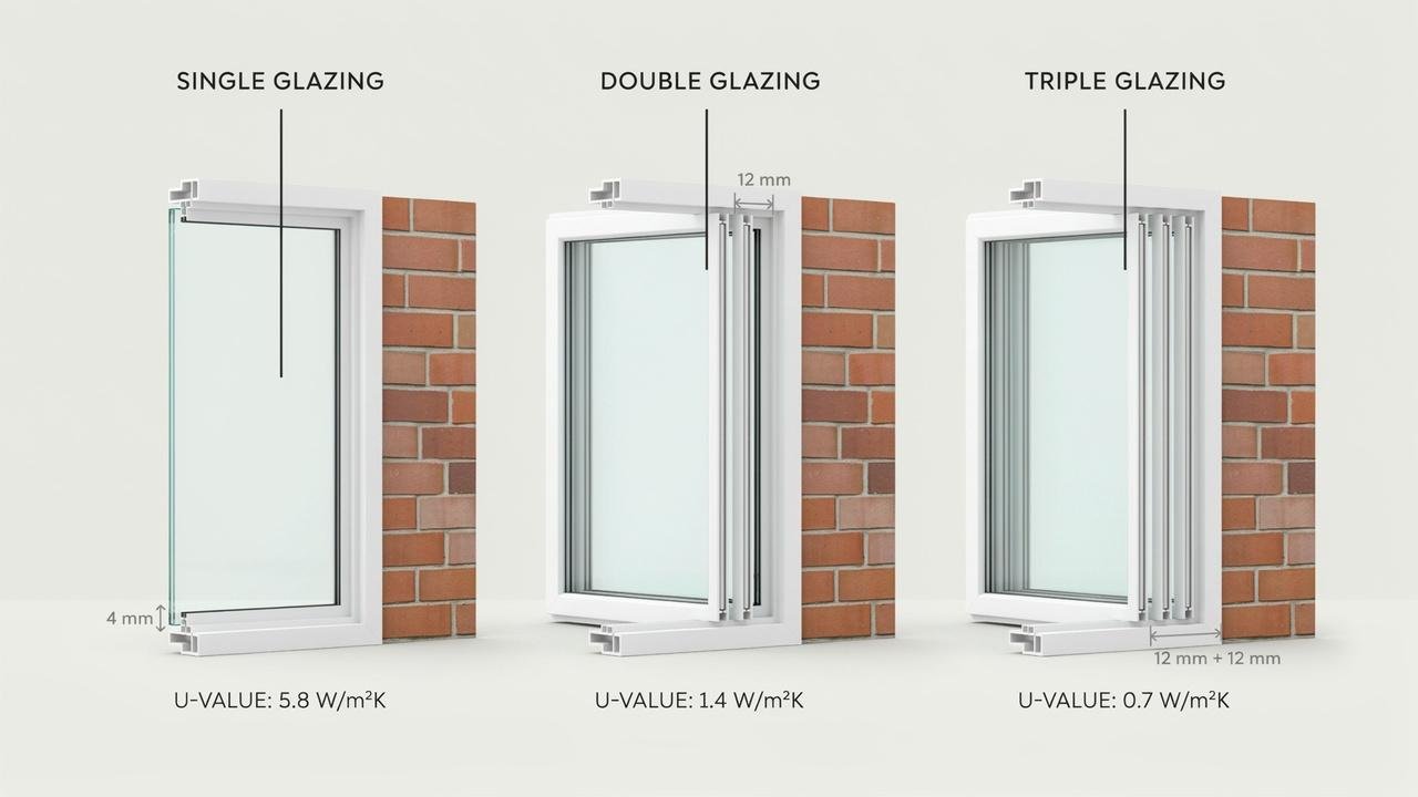 Comparison of single, double, and triple glazing layers.
