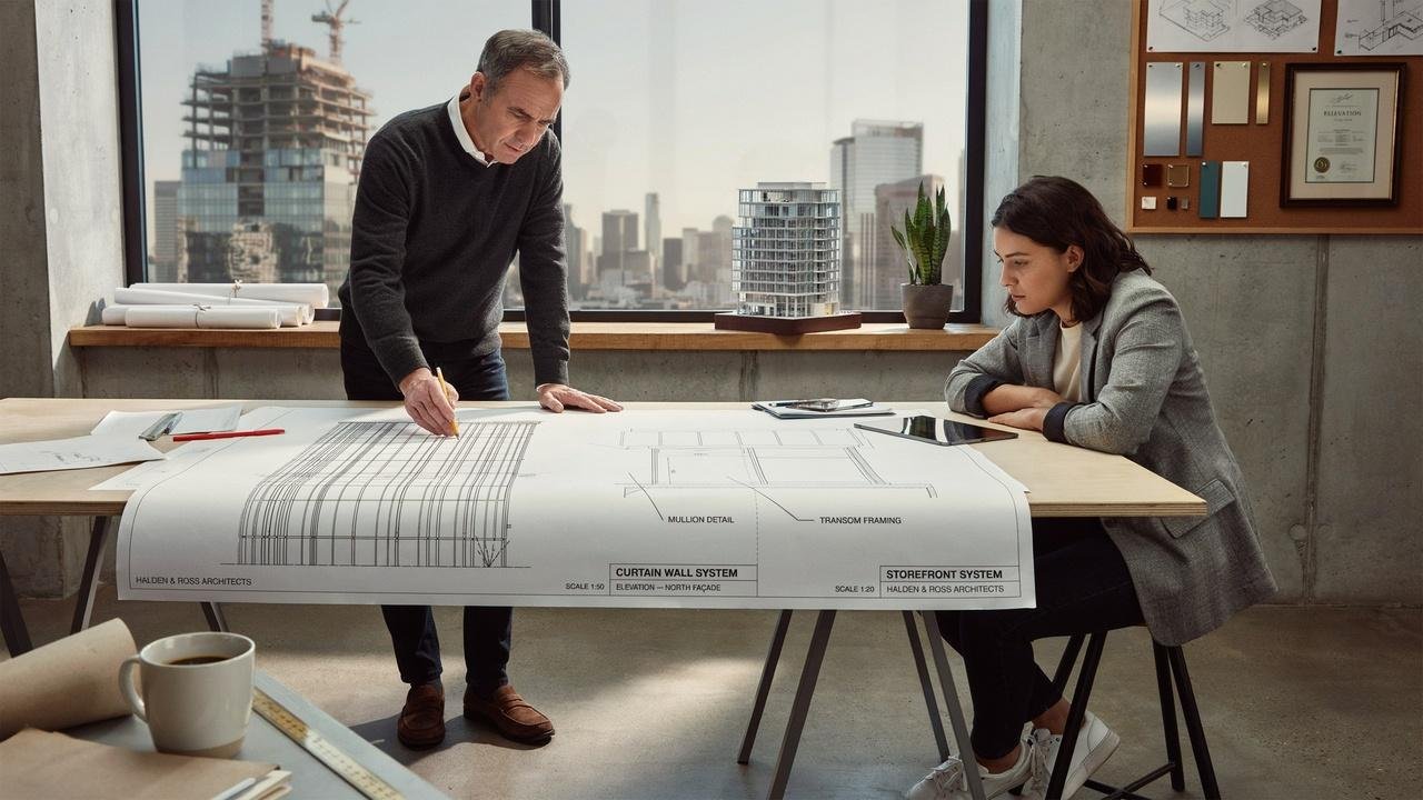 Architect evaluating differences between curtain wall and storefront systems.