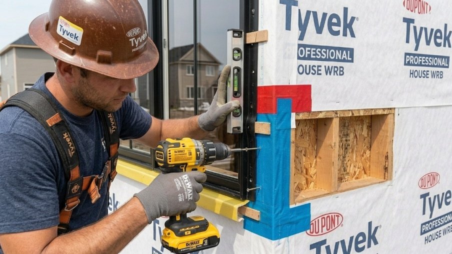 Fastening a new construction window through the nail flange into the wall framing.