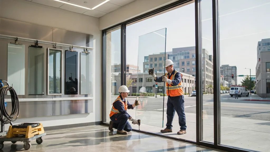Commercial storefront glass replacement with installers measuring panels.