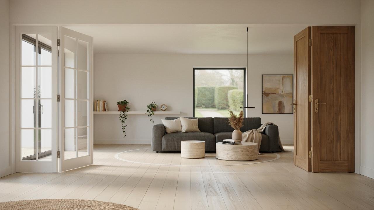 Door swing clearance shown in a residential interior.