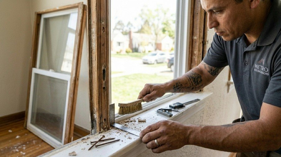 Checking and cleaning an existing window frame before installing a replacement window.