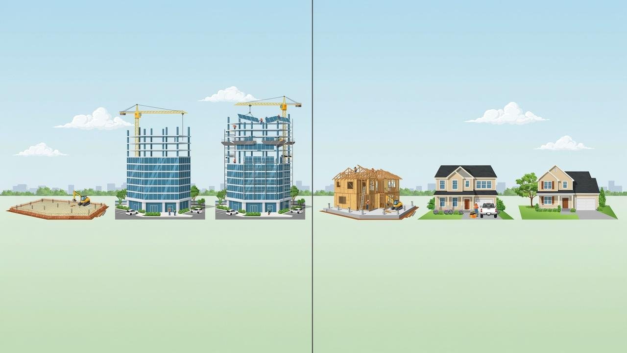Construction stages from foundation to completed commercial and residential buildings.