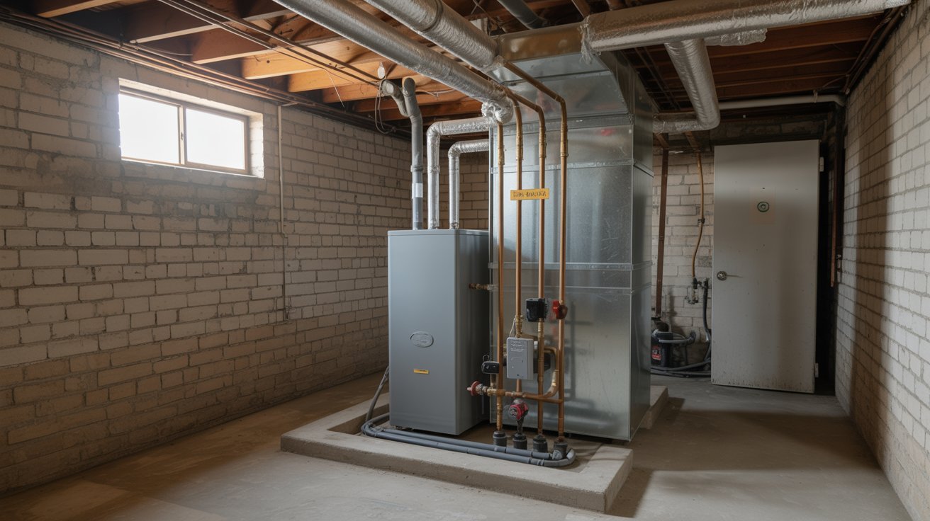 Basement utility area containing older insulation materials around equipment.