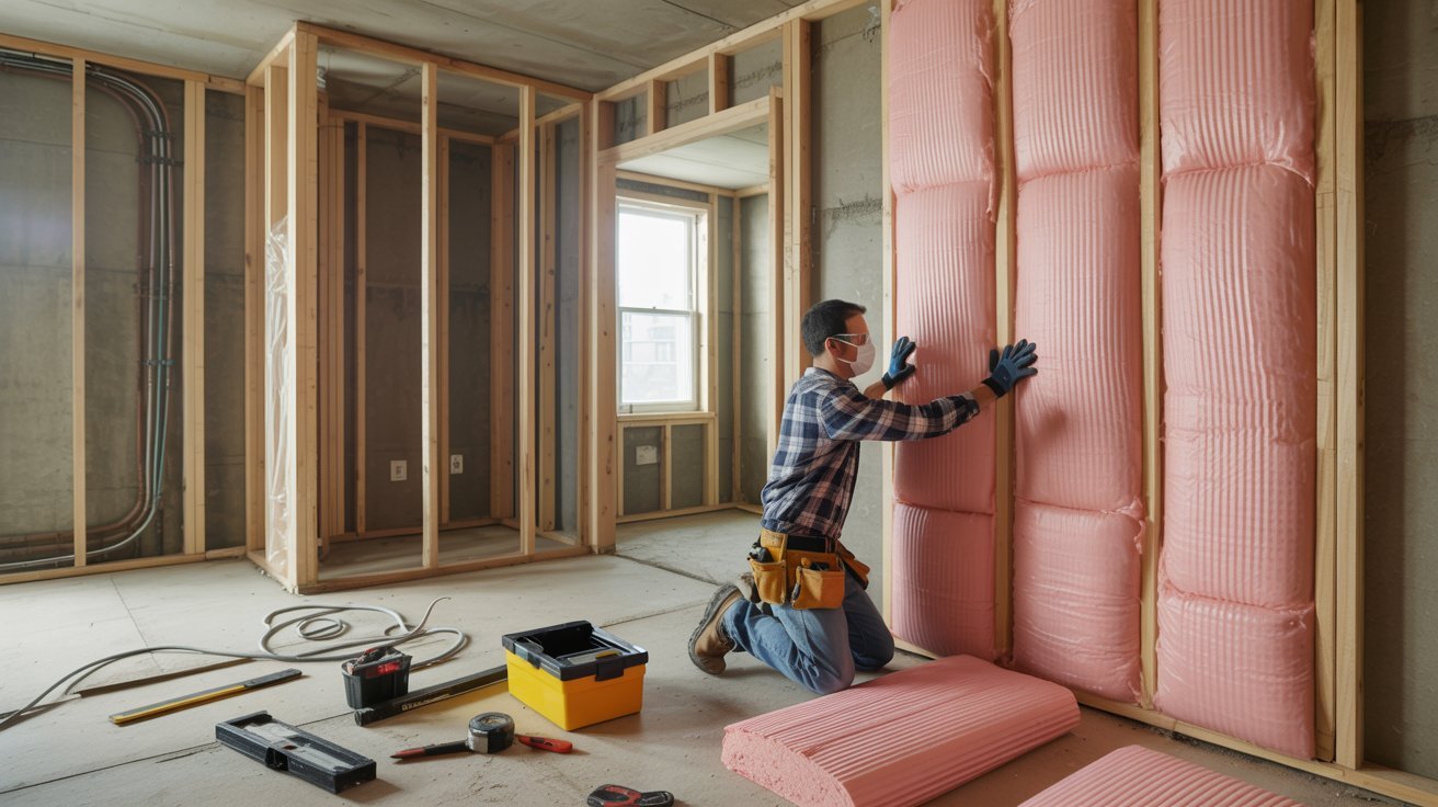 Contractor installing insulation during a home remodeling project.