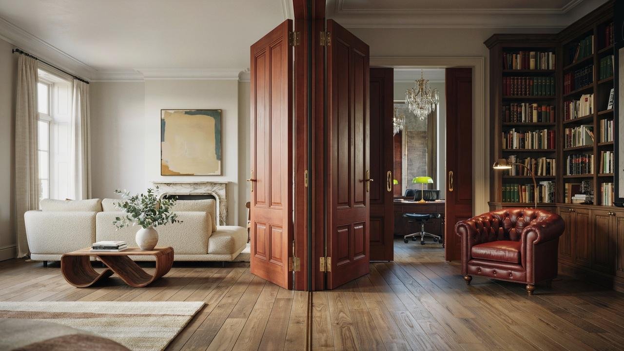 Double doors connecting two spacious rooms in a home.