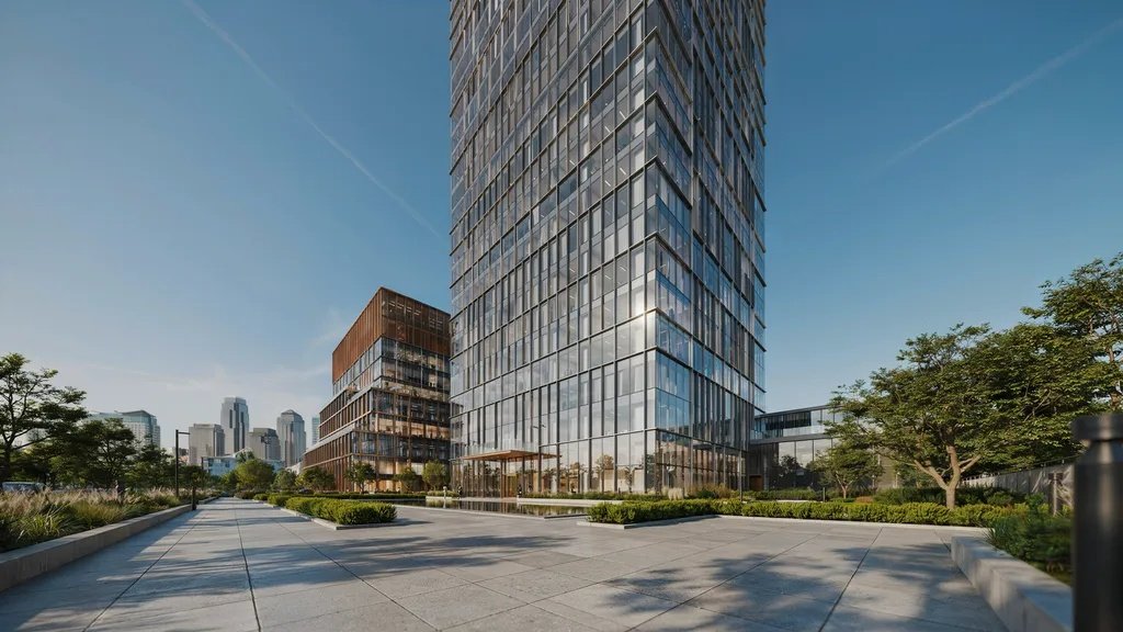 Modern high-rise building with reflective glass curtain wall facade design.