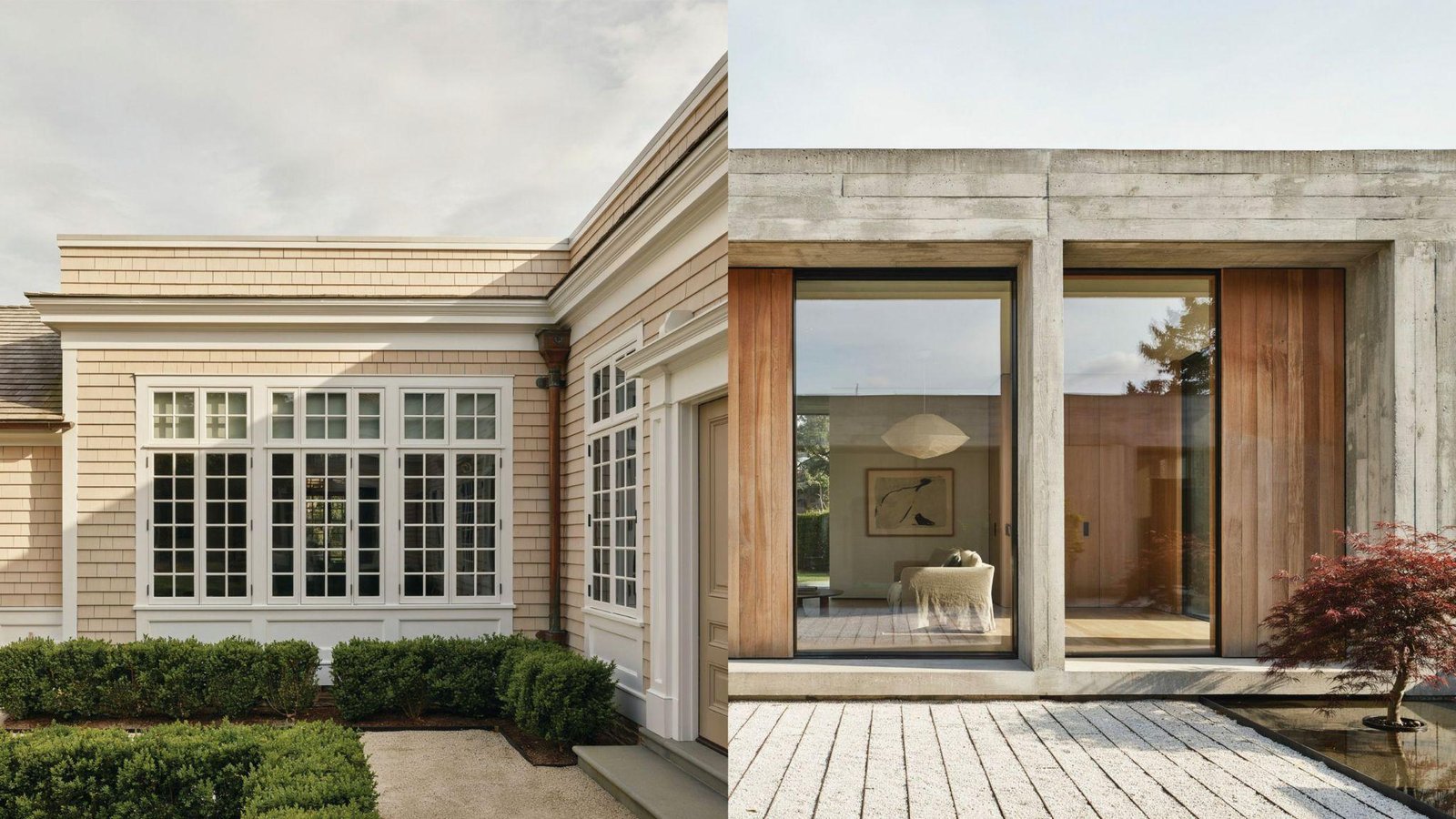 Side-by-side comparison of traditional multi-paned windows and modern picture windows in residential architecture