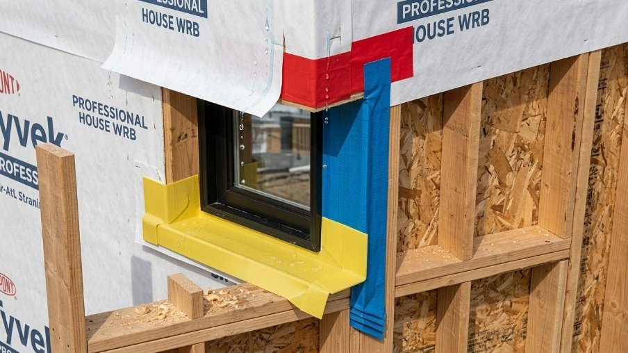 Applying flashing tape around a window opening to prevent water intrusion and improve weather protection.