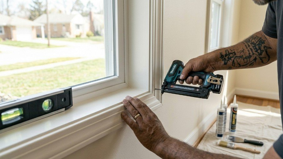 Installing interior trim around a newly replaced window for a finished appearance.