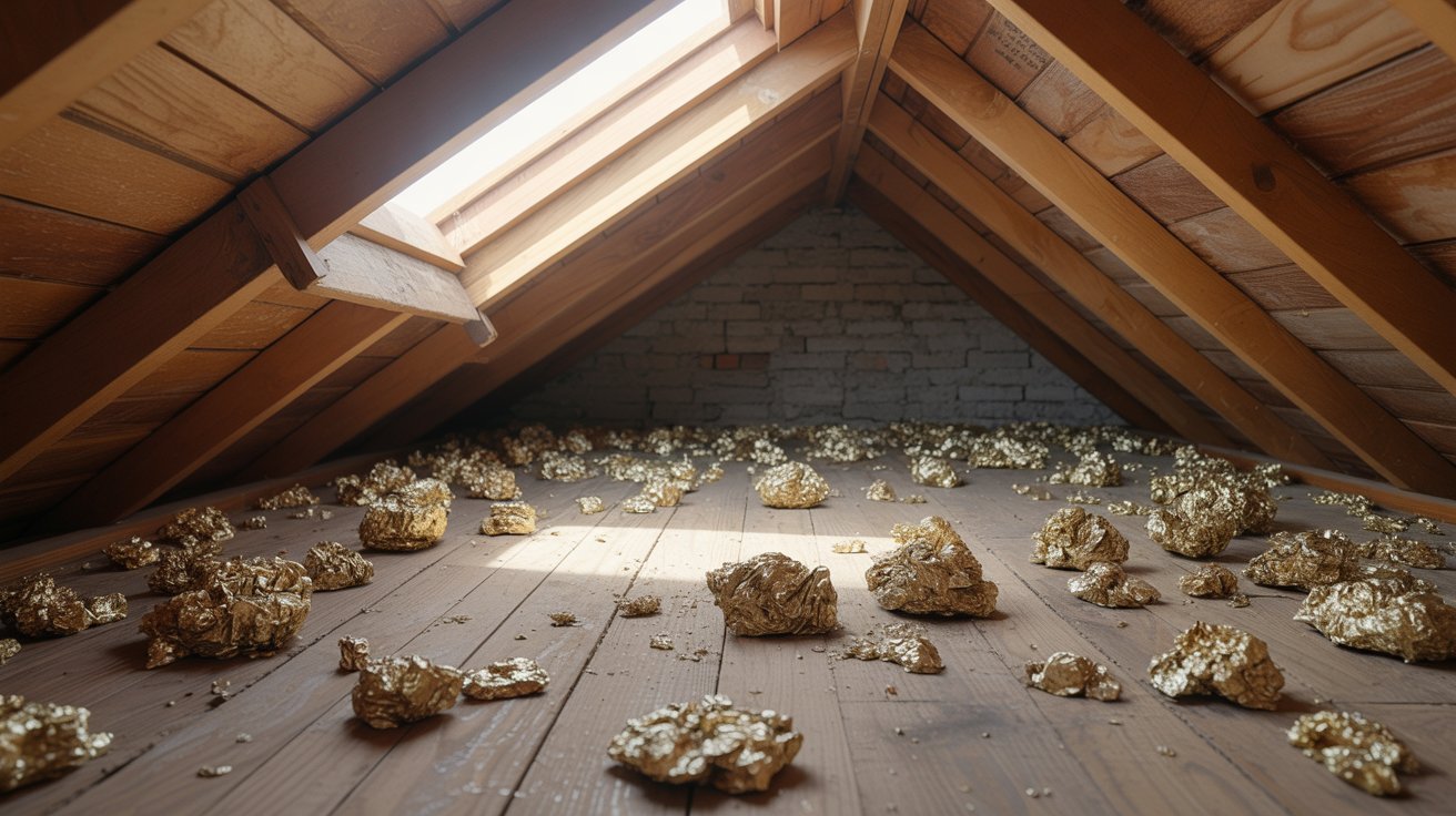 Zonolite vermiculite insulation spread across the floor of an older attic.