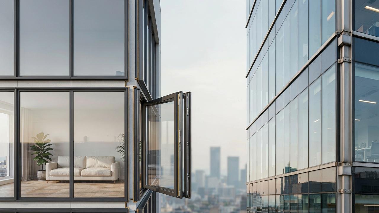 Glass glazing used in modern building windows and doors.