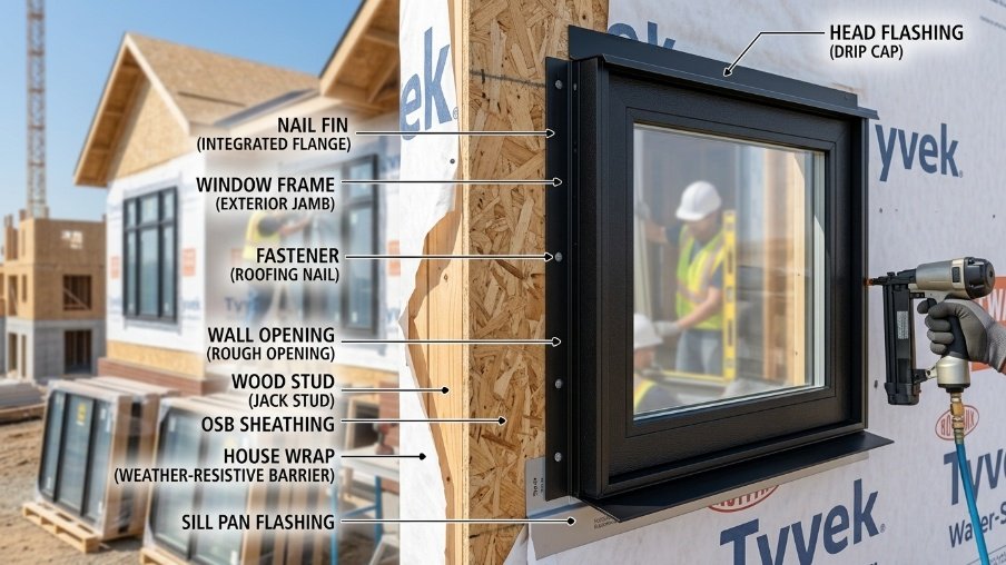 New construction window showing nail fin attachment and installation directly into wall framing.