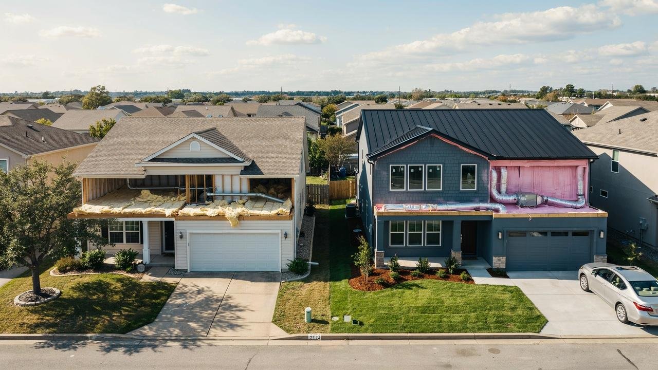 Older and newer homes showing different insulation types.