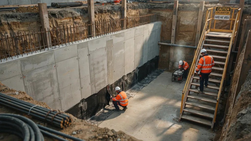 Basement foundation showing underground concrete walls and waterproofing during construction.