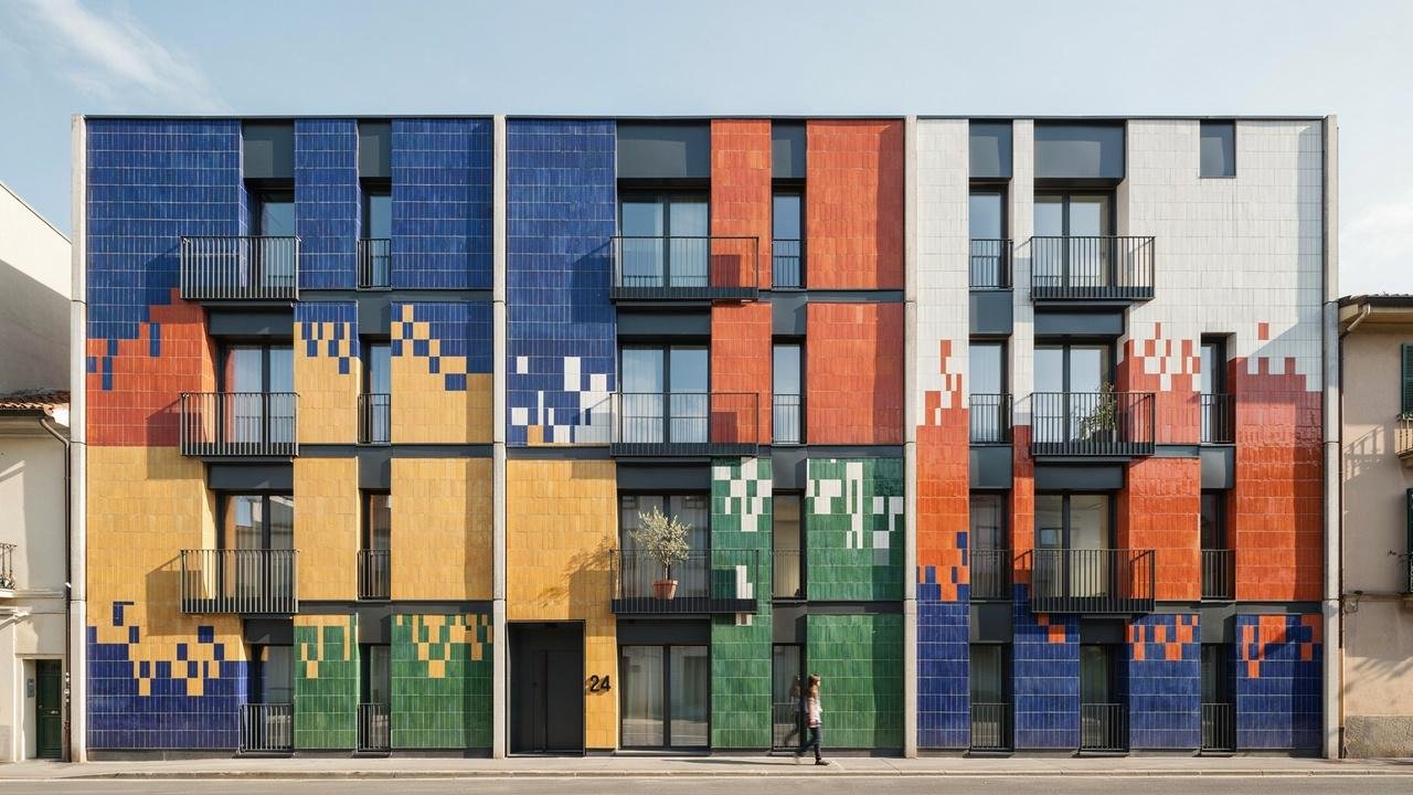 Ceramic cladding adding color and texture to building exterior.
