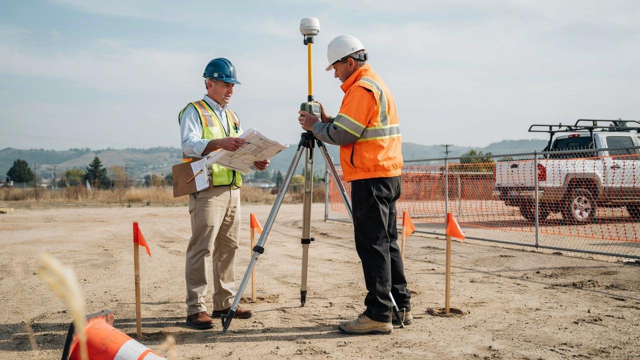 Surveyor assessing land before construction site excavation.