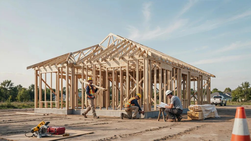 Wooden framing of a house showing walls and roof structure being assembled during construction.