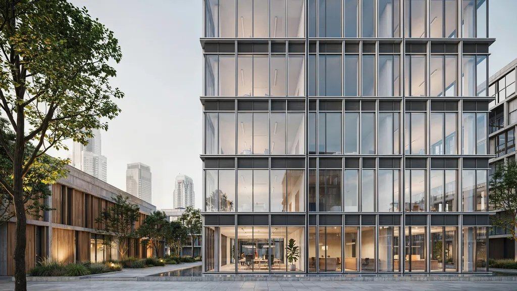 Modern insulated curtain wall system enhancing energy efficiency in office buildings.