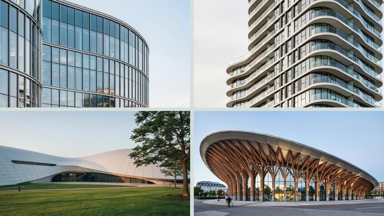 Collection of commercial, residential, and cultural buildings featuring curved facades.
