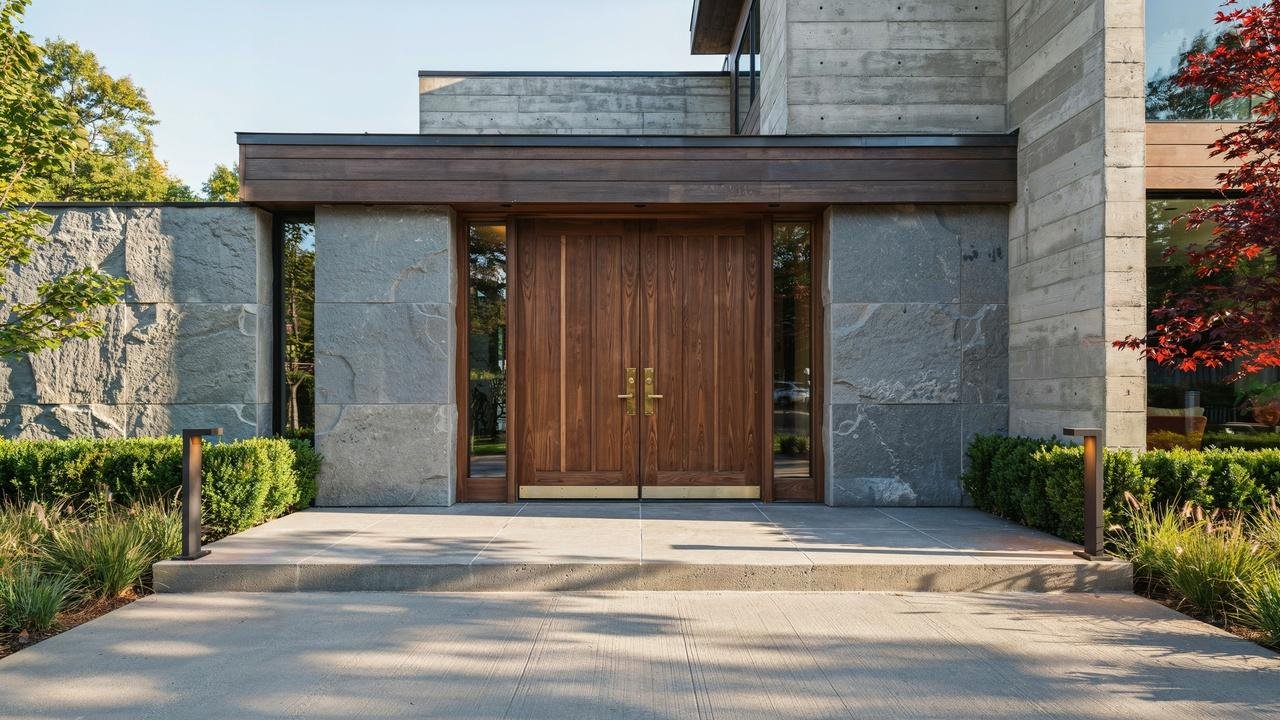 Solid double doors installed at the entrance of a modern home.