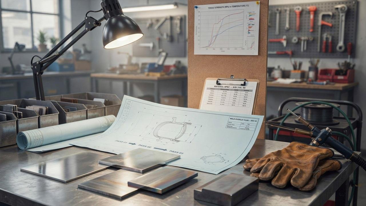 Engineer reviewing material specifications and performance requirements for a weld overlay project.