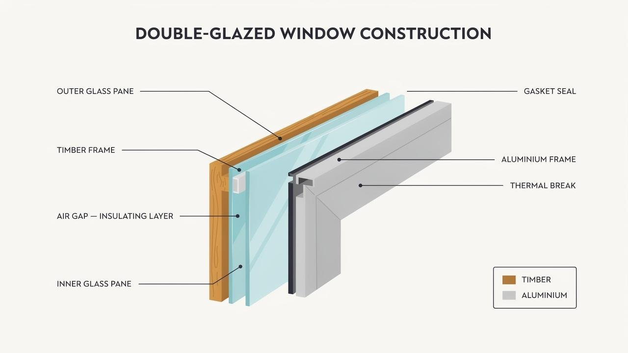 Diagram explaining retrofit double glazing with two panes of glass and insulating air gap in a window frame.