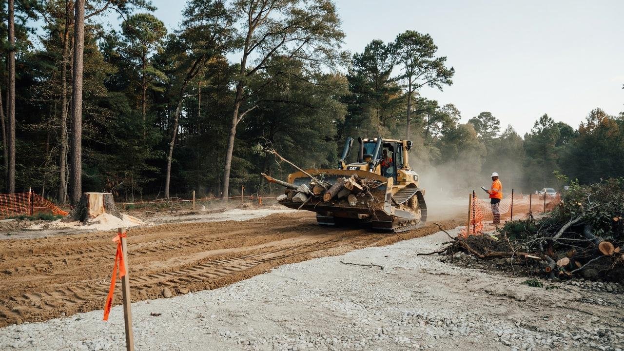 Bulldozer clearing vegetation and debris before excavation.