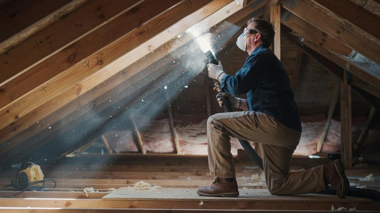 Installer applying cellulose insulation with minimal dust in attic.