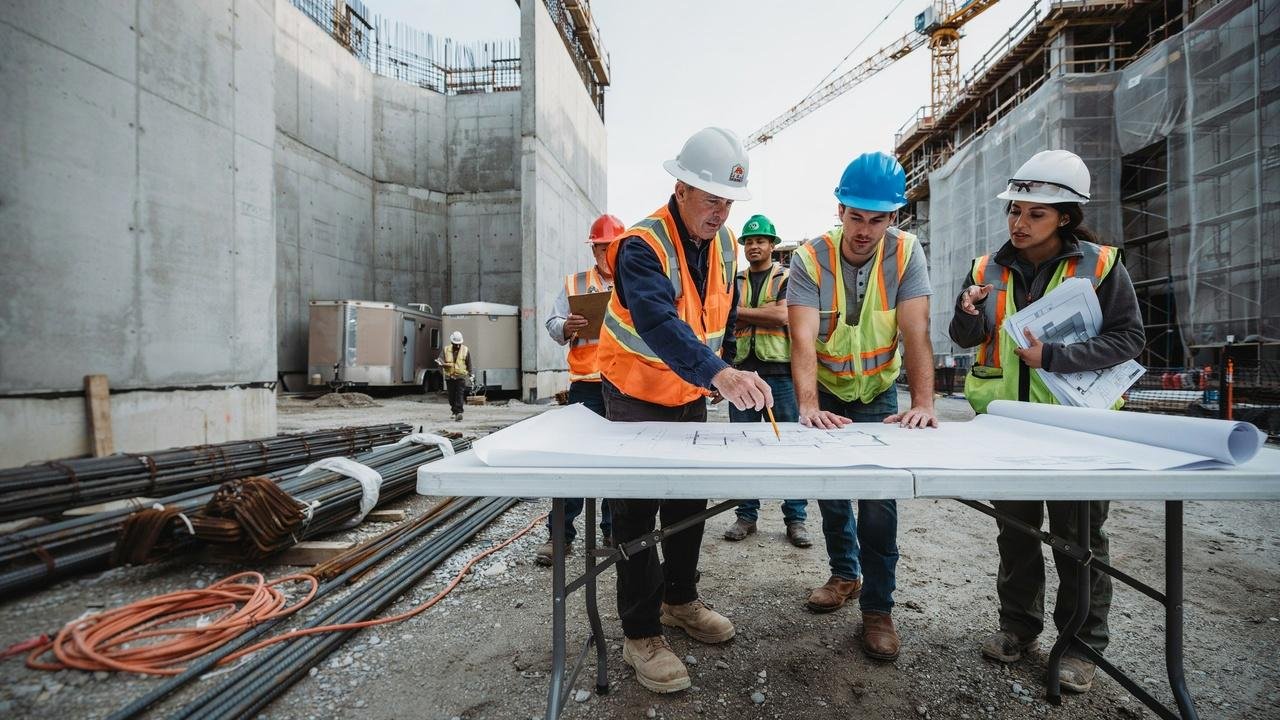 Construction teams planning commercial and residential building projects together.