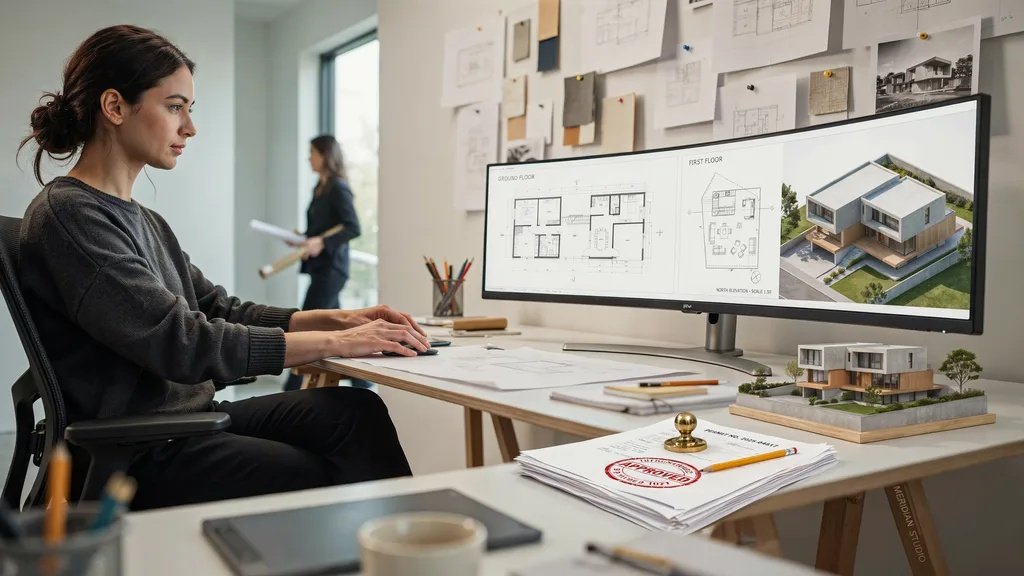An architect designing a house floor plan while approved building permits sit on the desk.