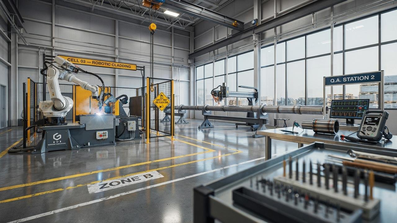 Modern industrial facility equipped with advanced weld overlay cladding and inspection technologies.