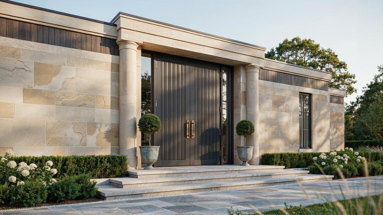 Grand double doors creating a striking front entrance.