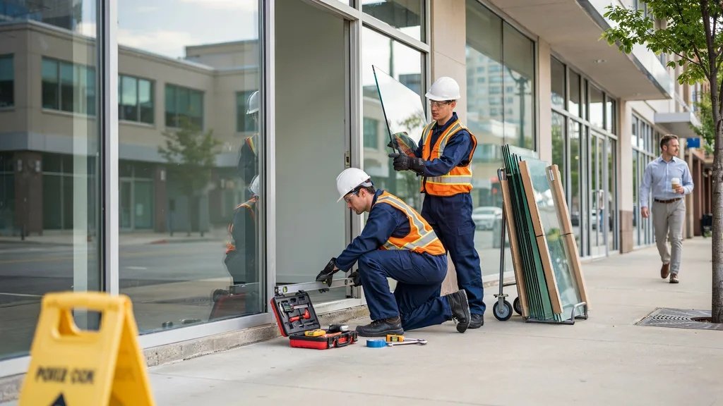 Glass technicians replacing a storefront panel at a retail facade.