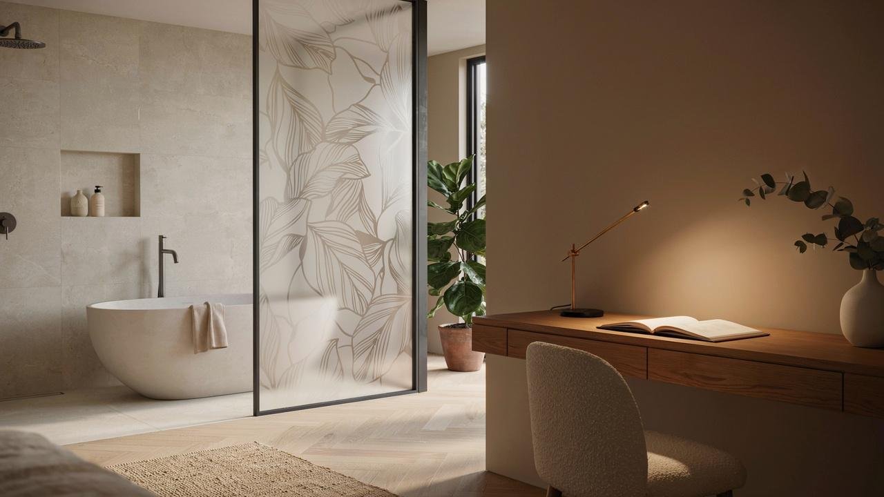 Frosted and decorative glass providing privacy.