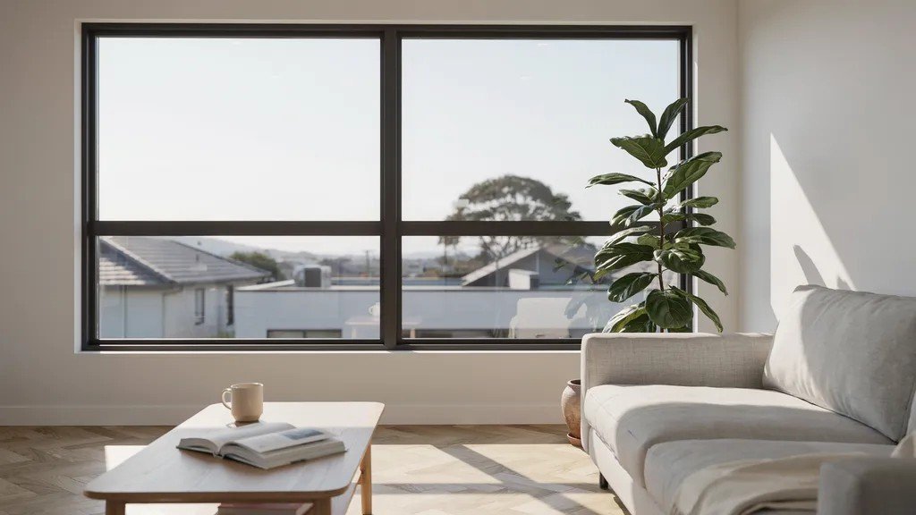 Modern double pane windows in a bright home with insulated glass and natural light.