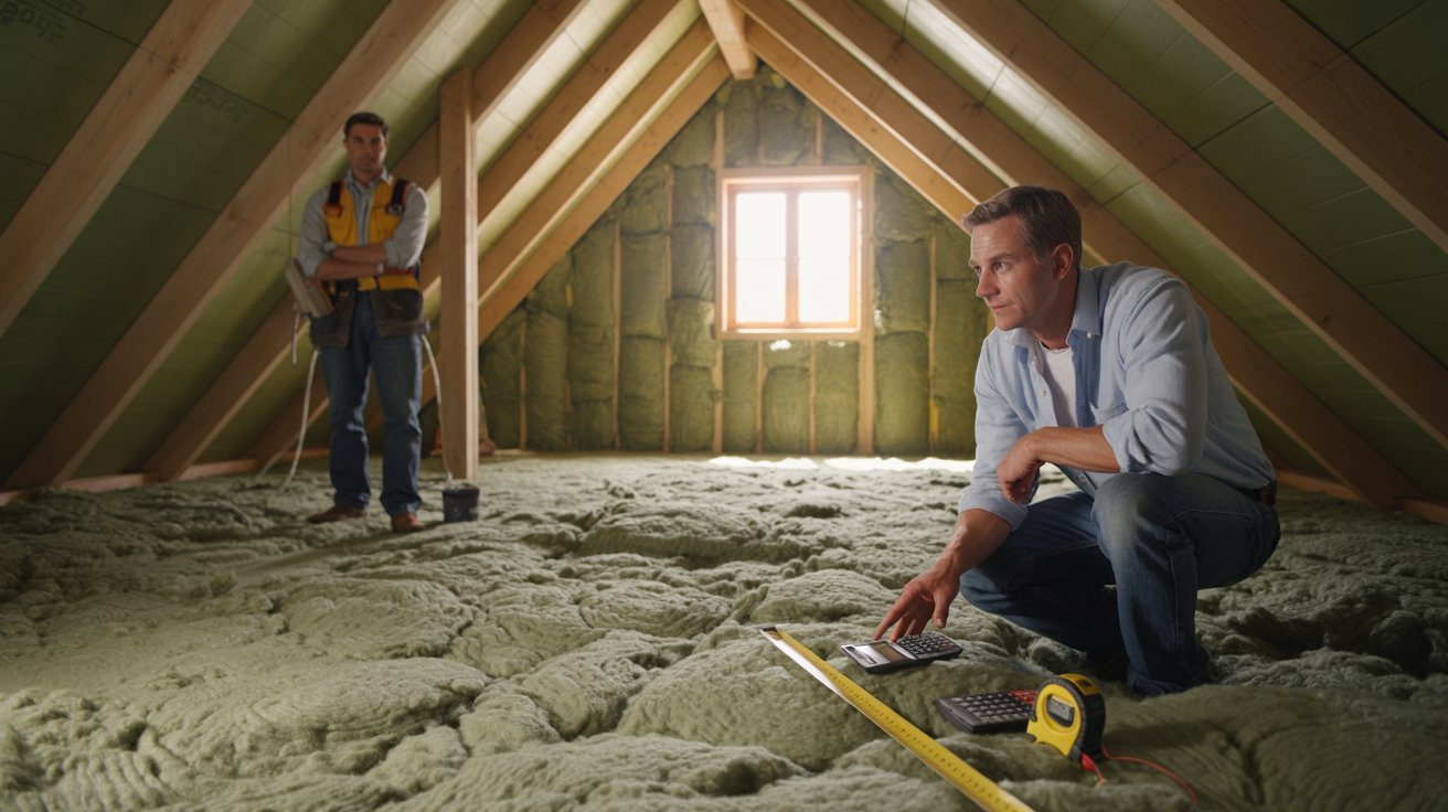 Homeowner checking attic cellulose insulation costs with calculator and measuring tape.