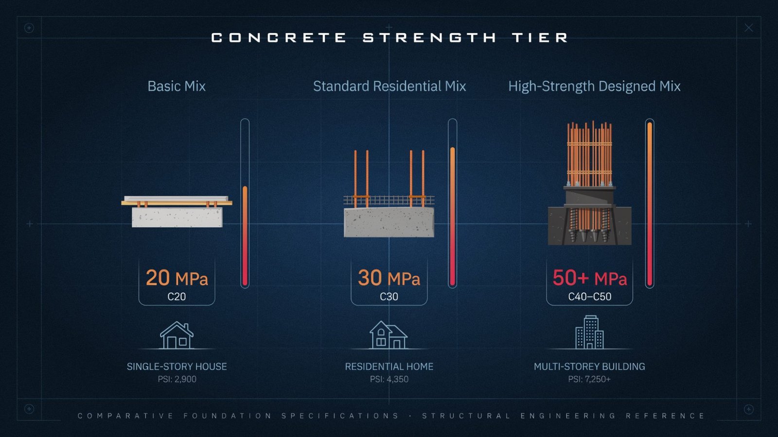 Concrete foundation strength comparison showing different mixes for different construction requirements.