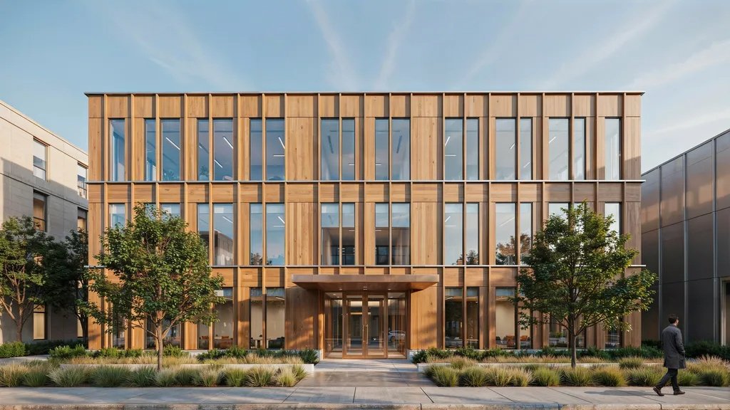 Modern building facade showcasing a wood curtain wall system with glass.