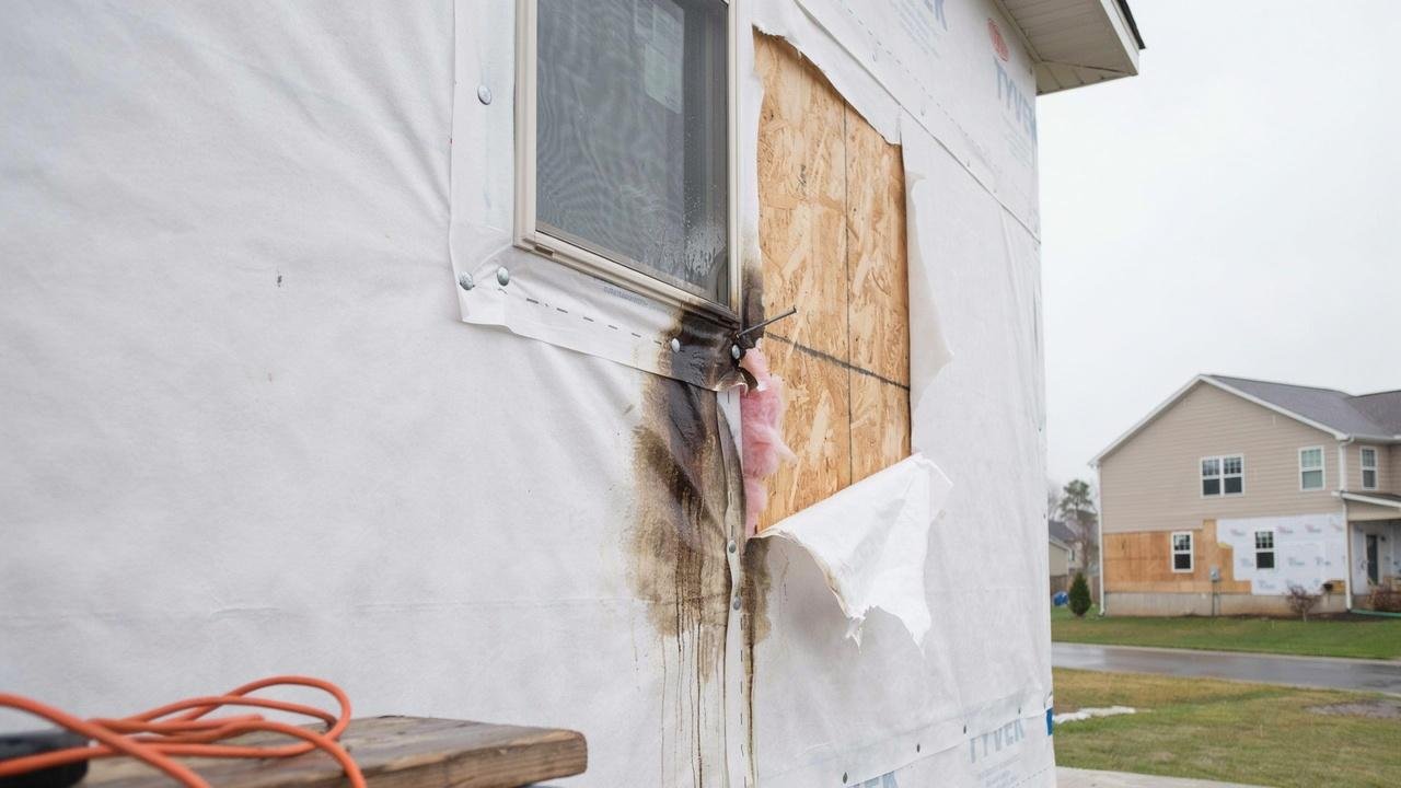 Damaged house wrap allowing moisture behind siding.