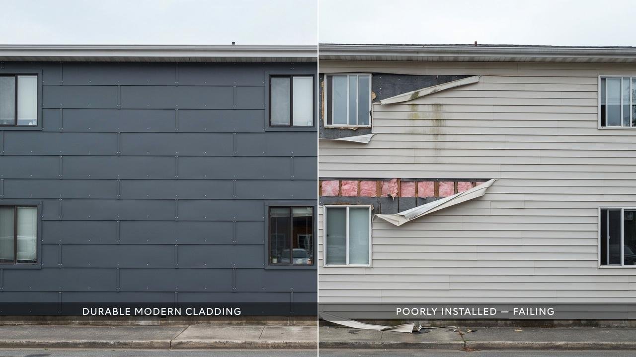 Pros and cons of cladding showing good vs poor installation outcomes.