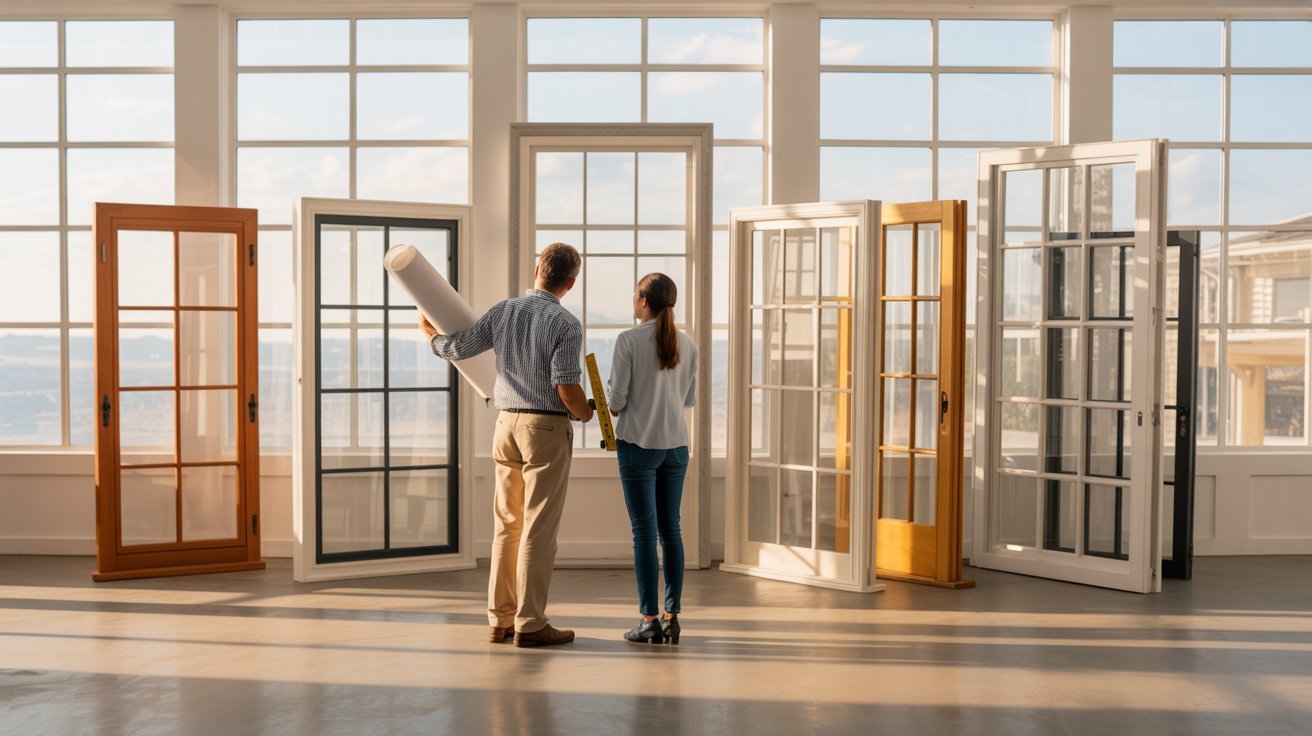 Homeowner comparing multi-paned window styles, frame materials, and insulated glass with a professional consultant indoors.