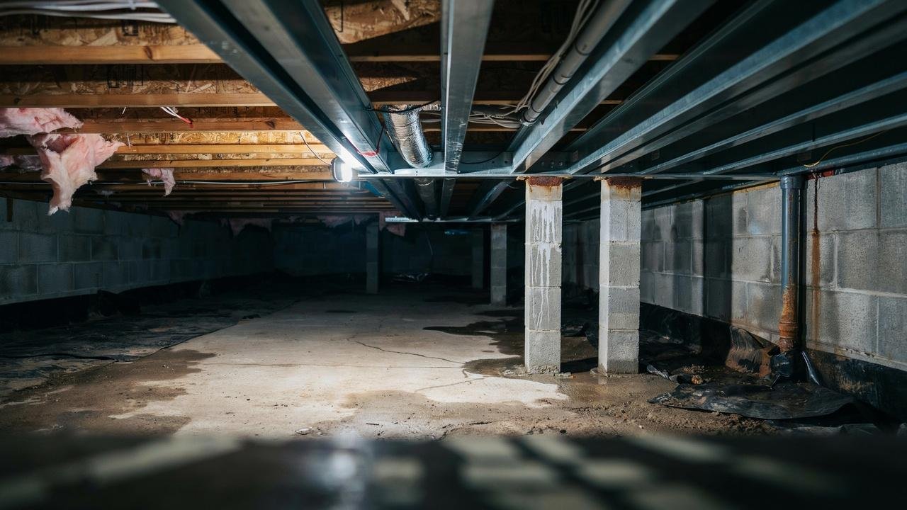 Common issues such as moisture and settlement in a pier and curtain wall foundation.