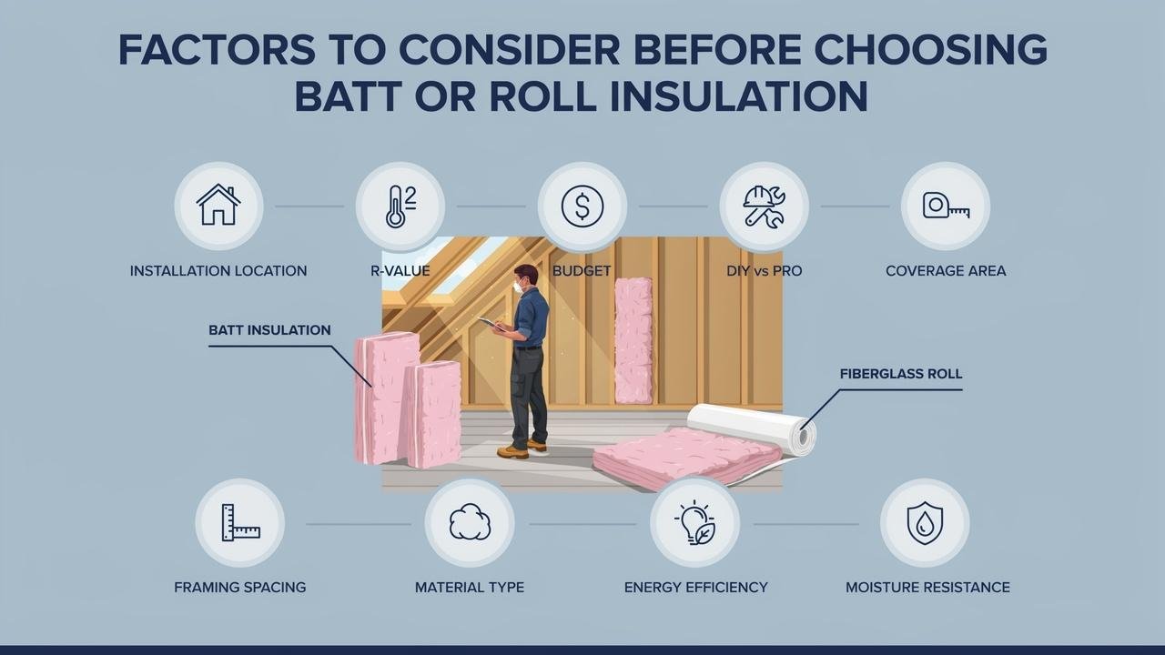 Infographic highlighting the key factors to consider when choosing between batt insulation and roll insulation, including budget, installation area, R-value, coverage, and energy efficiency.